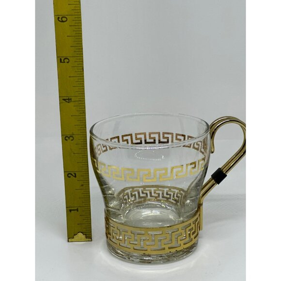 VTG Libbey Gold Greek Key Glass Coffee Cups – Set of 5 w/ Brass Holders 3” Retro - Picture 3 of 5